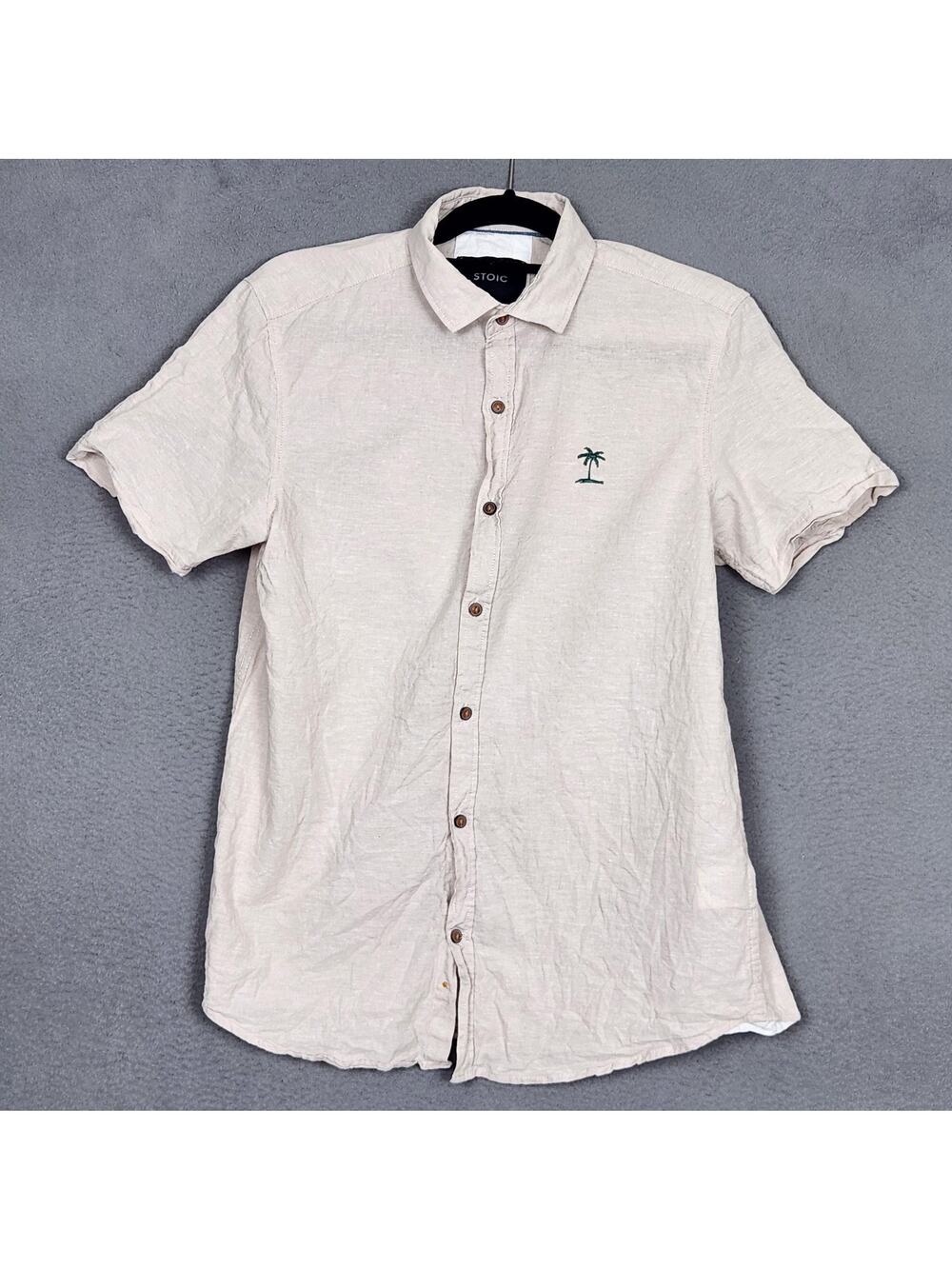 Stoic Shirt Mens Medium Beige Short Sleeve Linen Cotton Palm Tree Button Up